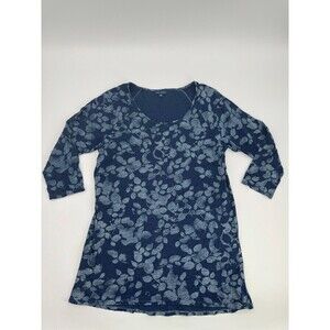 Pure Jill Knit Tunic Top Women's Medium Indigo Blue Floral 100% Cotton
